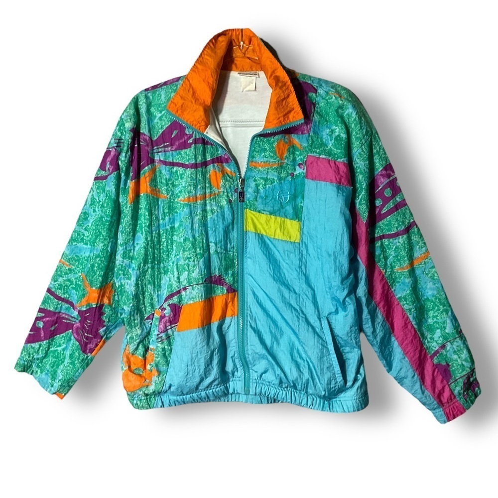Sergio Tacchini Vintage Windbreaker Sz 10 Womens Italian Blue 80's Retro Jacket